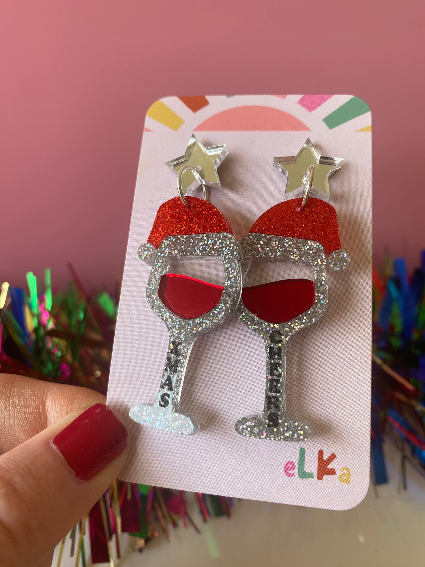 Christmas Cheers Wine Dangle Earrings - SILVER