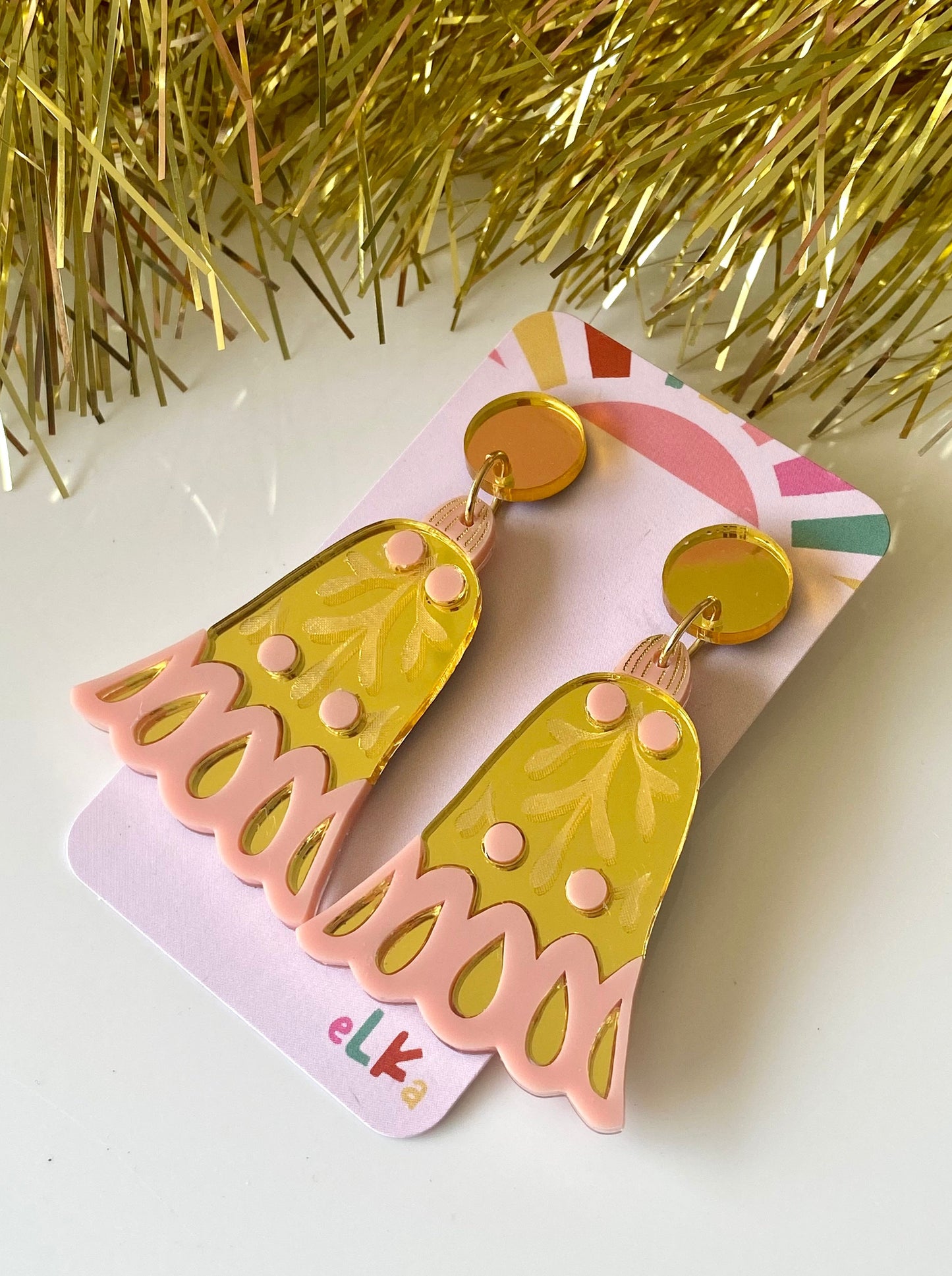 Jingle Bells Pastel Pink and Gold Dangle Earrings