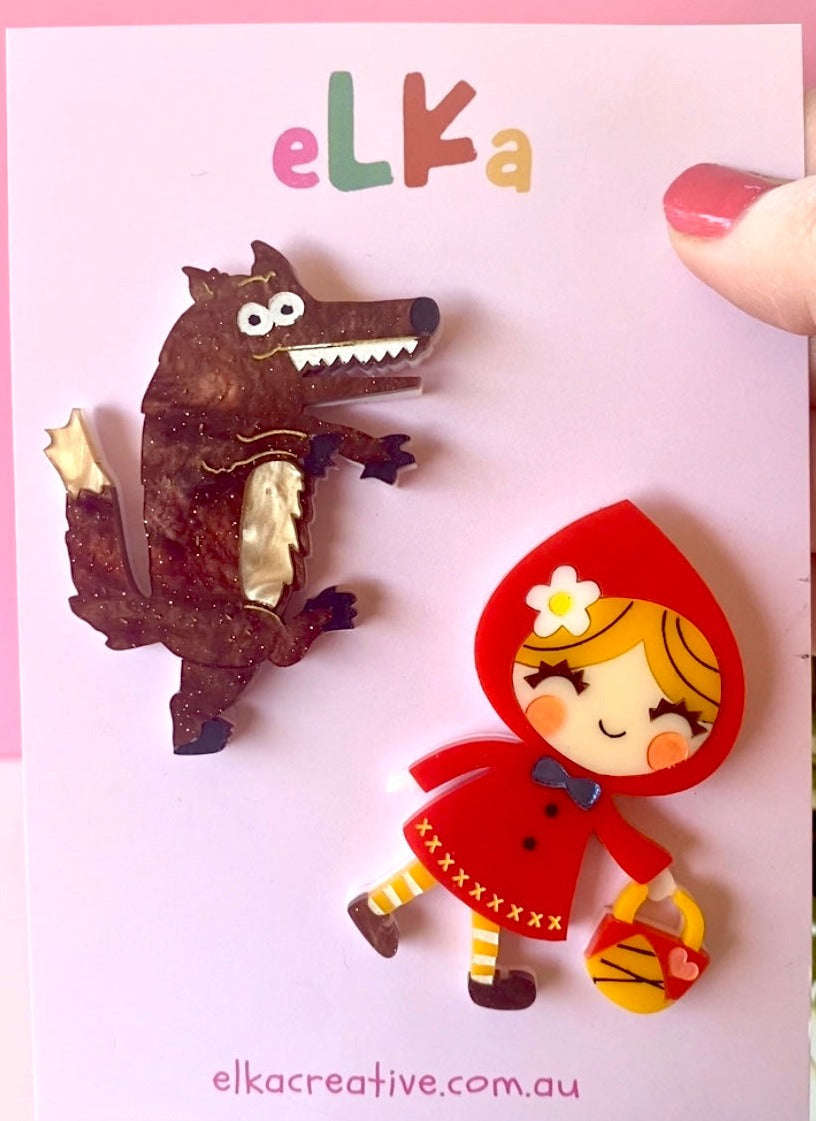 Little Red Riding Hood & Big Bad Wolf Brooch Set