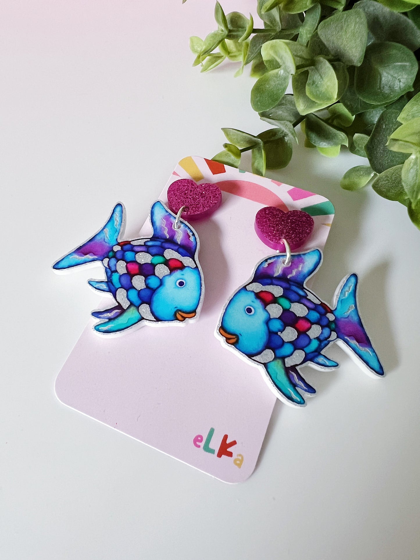 Rainbow Fish Dangles - Printed on Silver Glitter & Magenta Top
