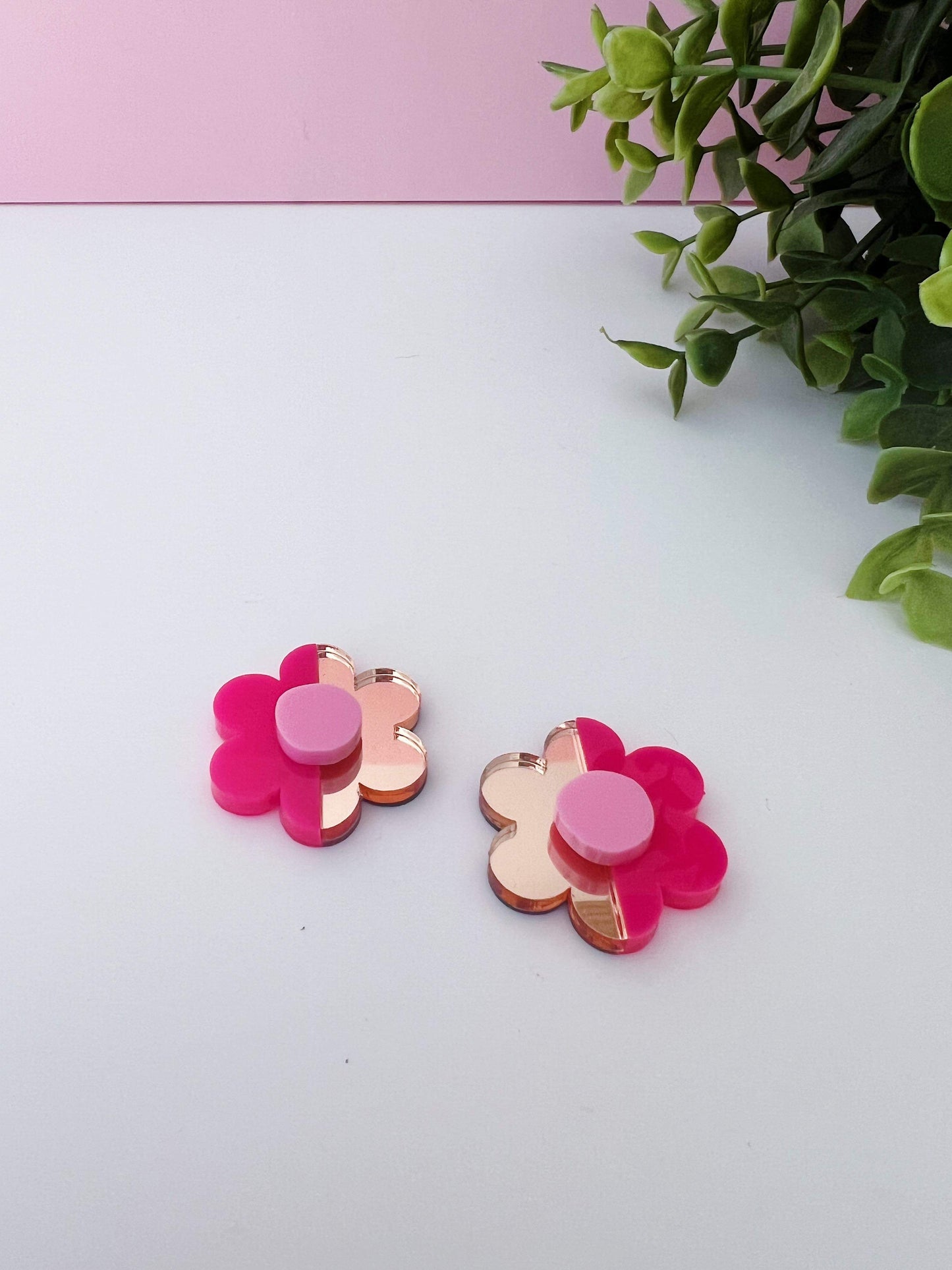 Colour Split Flower Studs - Red / Pink / Gold