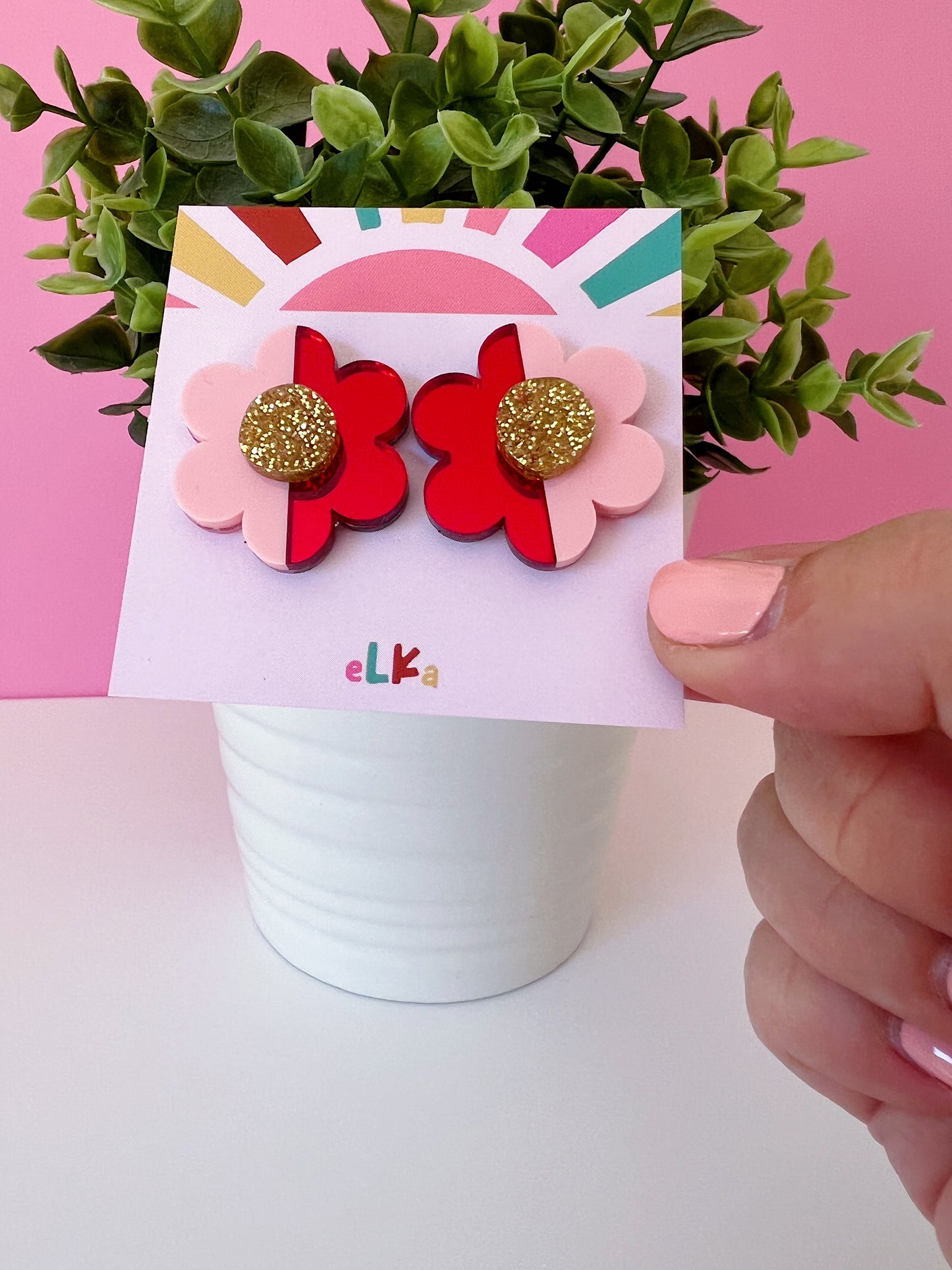 Colour Split Flower Studs - Red / Pink / Gold