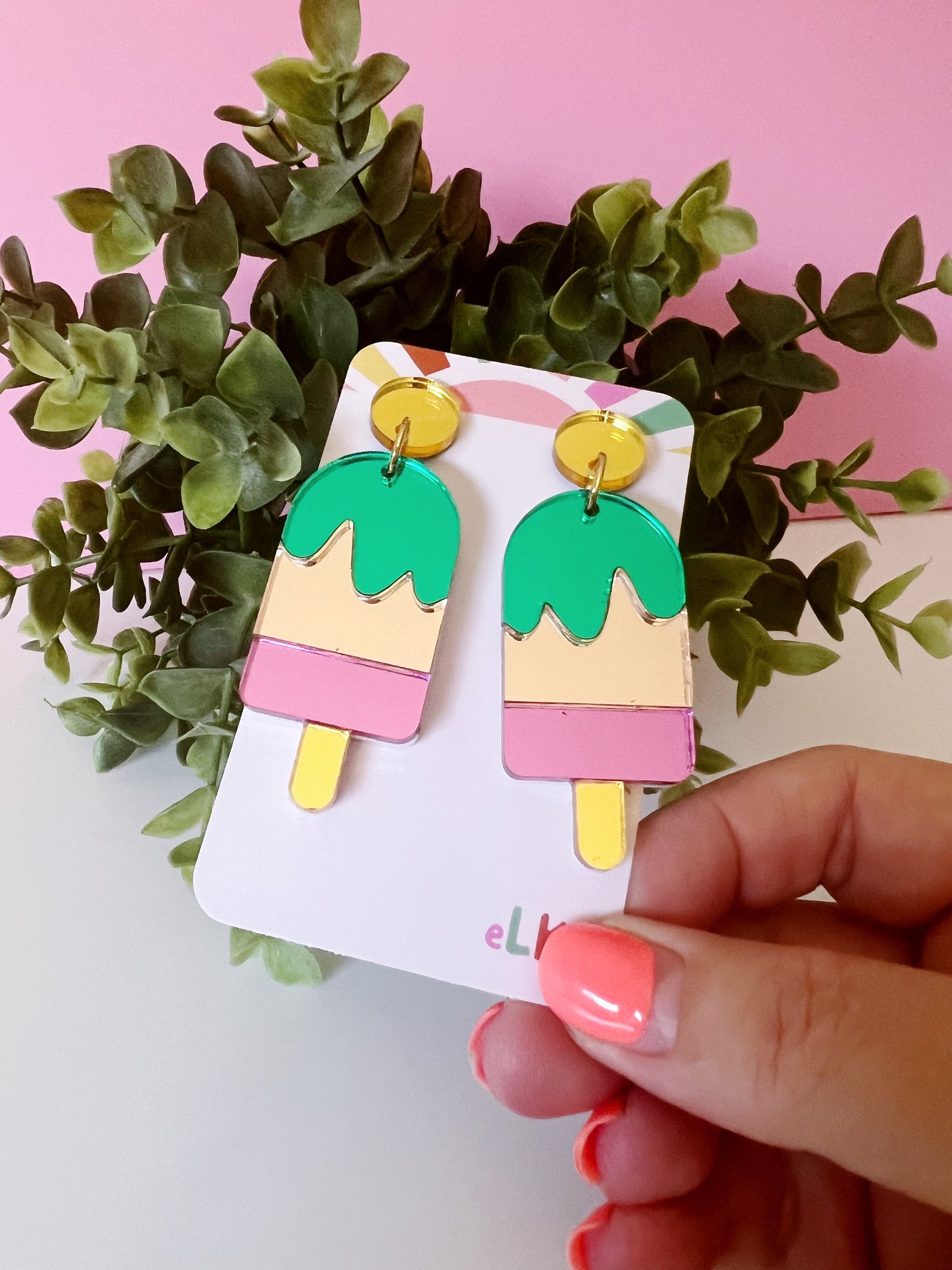 Ice Block Layered Dangles Green + Rose + Pink