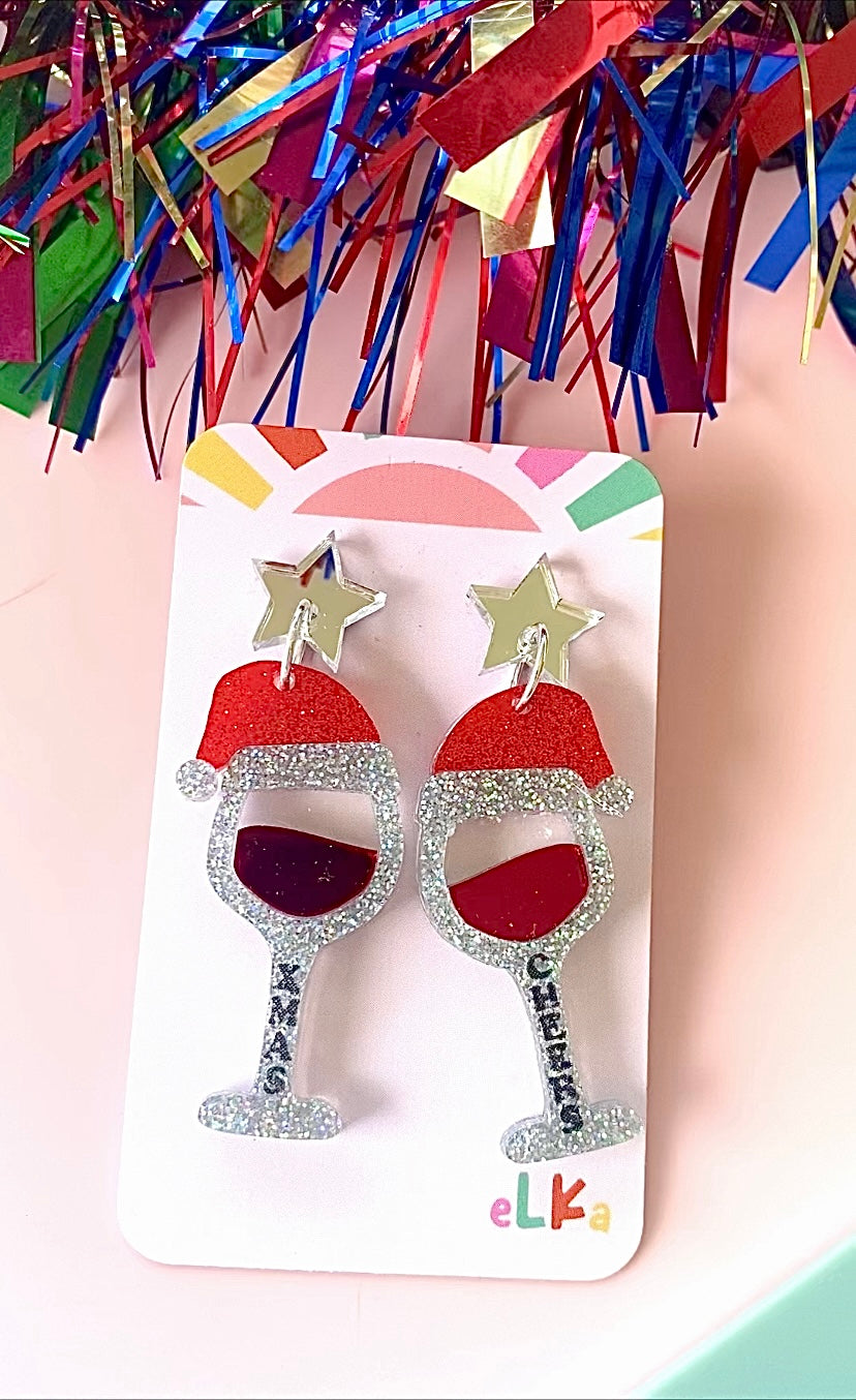 Christmas Cheers Wine Dangle Earrings - SILVER
