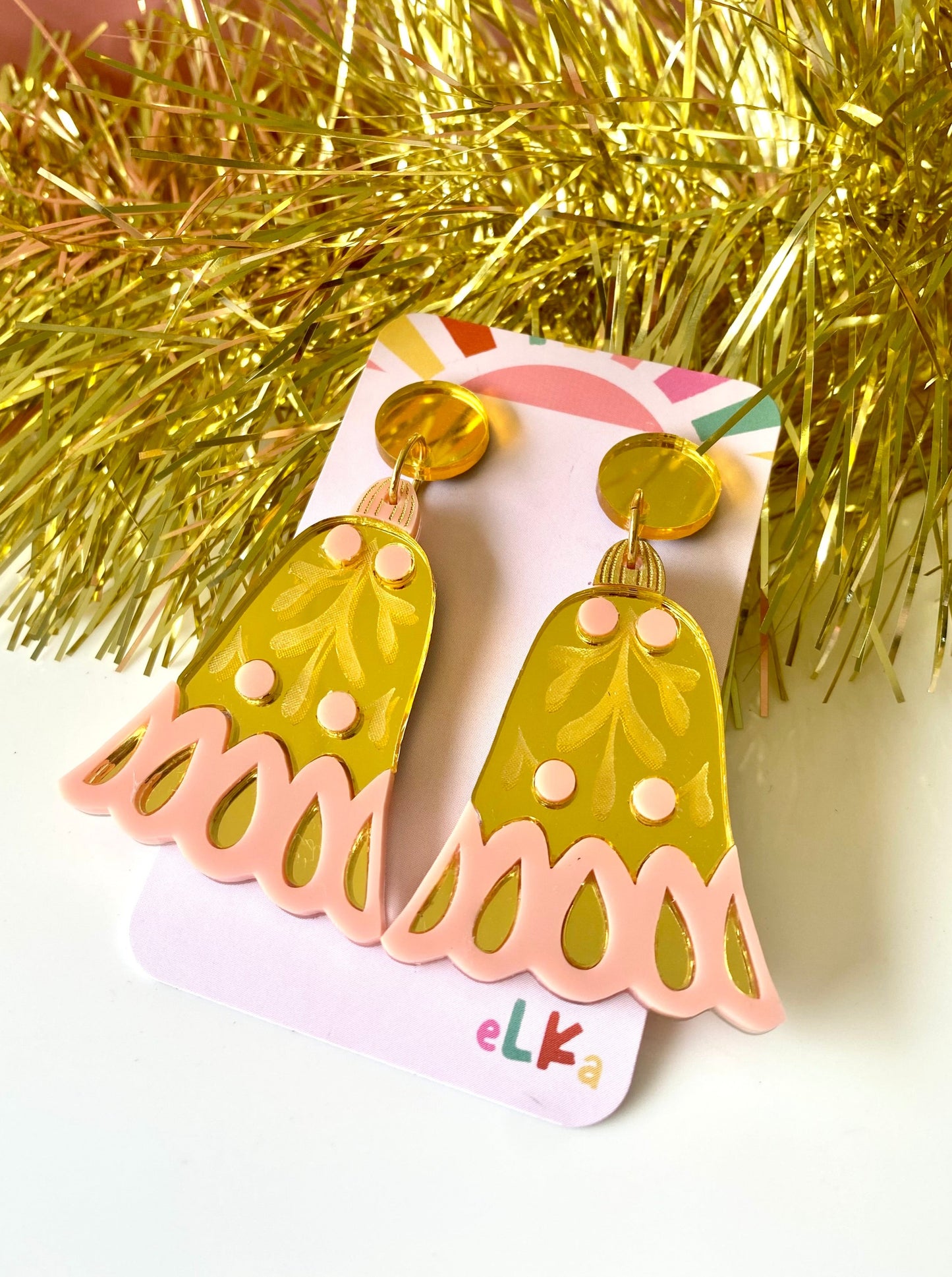 Jingle Bells Pastel Pink and Gold Dangle Earrings