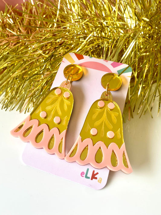 Jingle Bells Pastel Pink and Gold Dangle Earrings