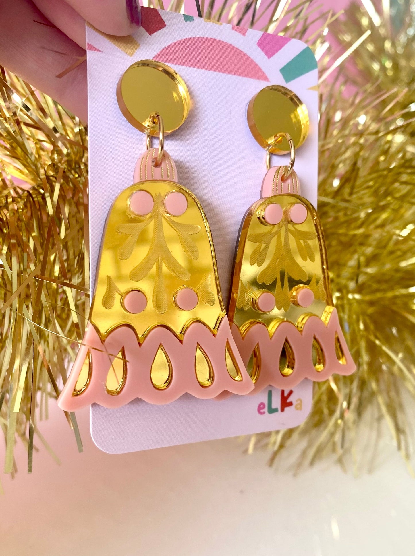 Jingle Bells Pastel Pink and Gold Dangle Earrings