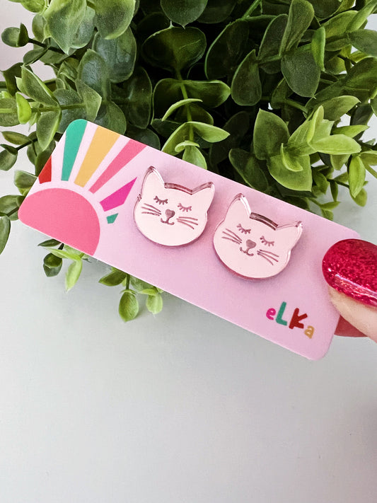 Kitty Cat Mini Studs - Baby Pink Mirror
