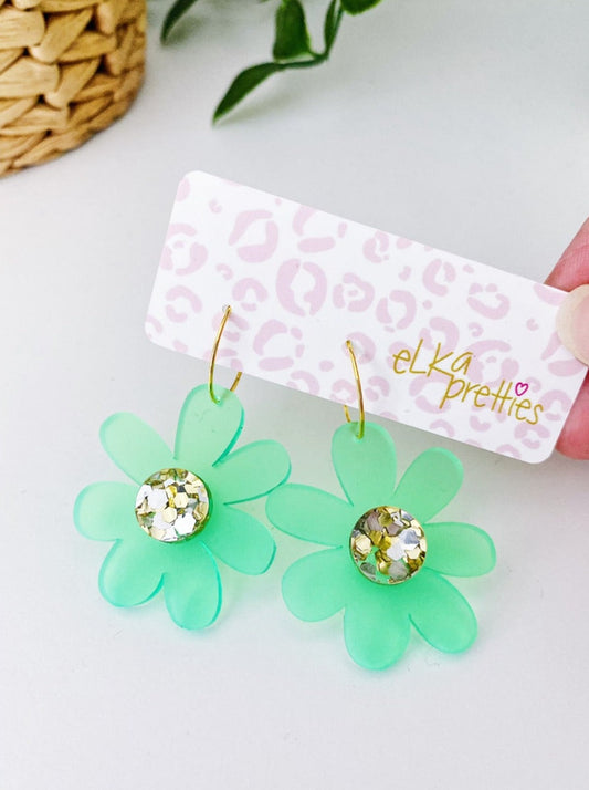 Daisy Hoops - Frosted Green + Shiny Silver