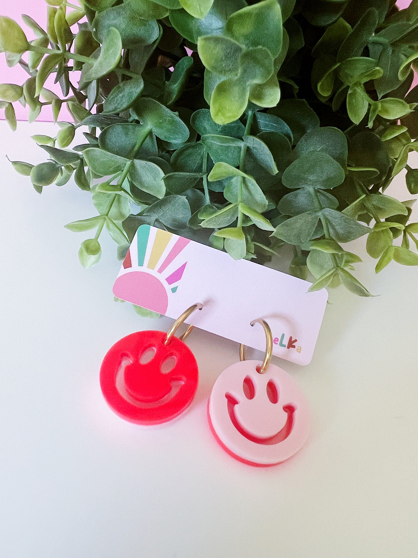 Deluxe Smiley Hoops - Blush + Neon Red